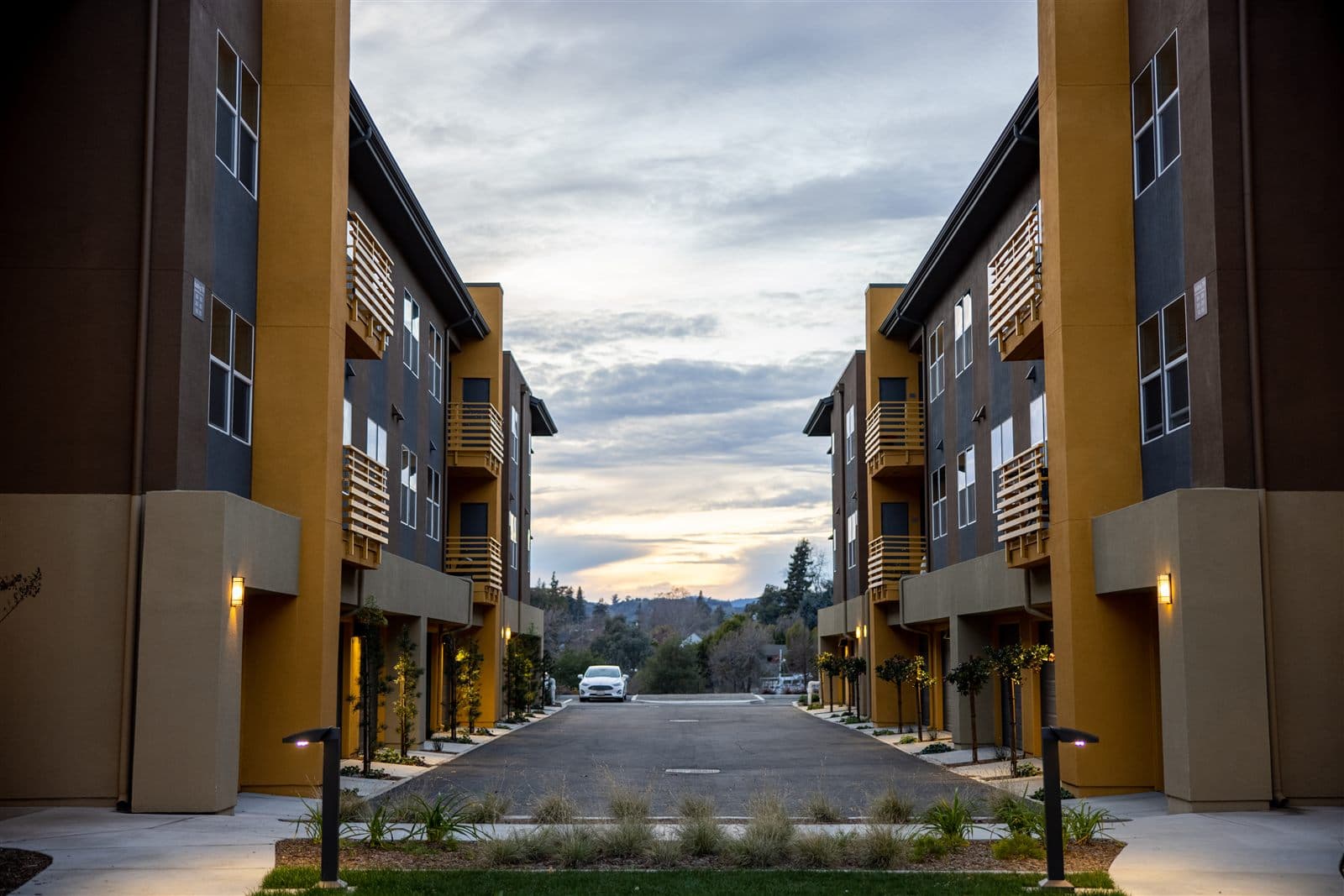 Modern townhome community at dusk