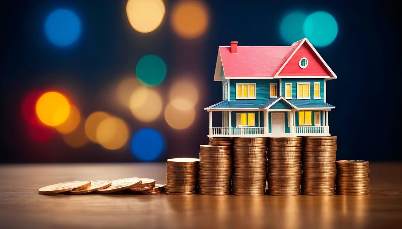 Model home on stacked coins representing a home purchase