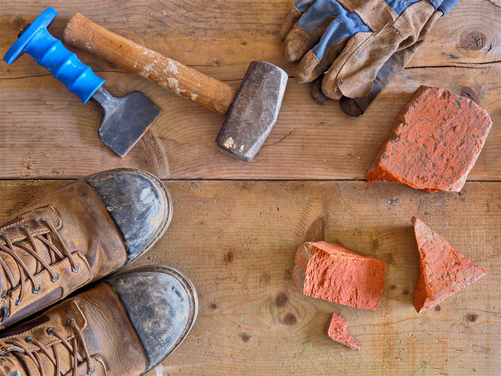 Construction tools, work boots, gloves, and bricks